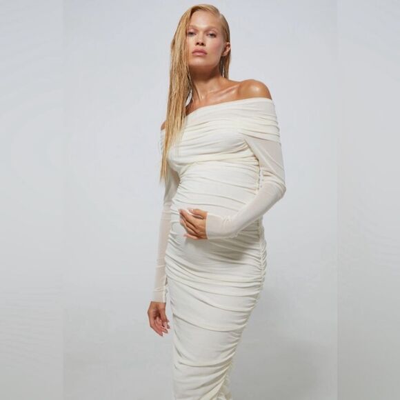 BUMPSUIT NEW Off The Shoulder Soft Mesh Maternity Dress in Ivory - Picture 6 of 16